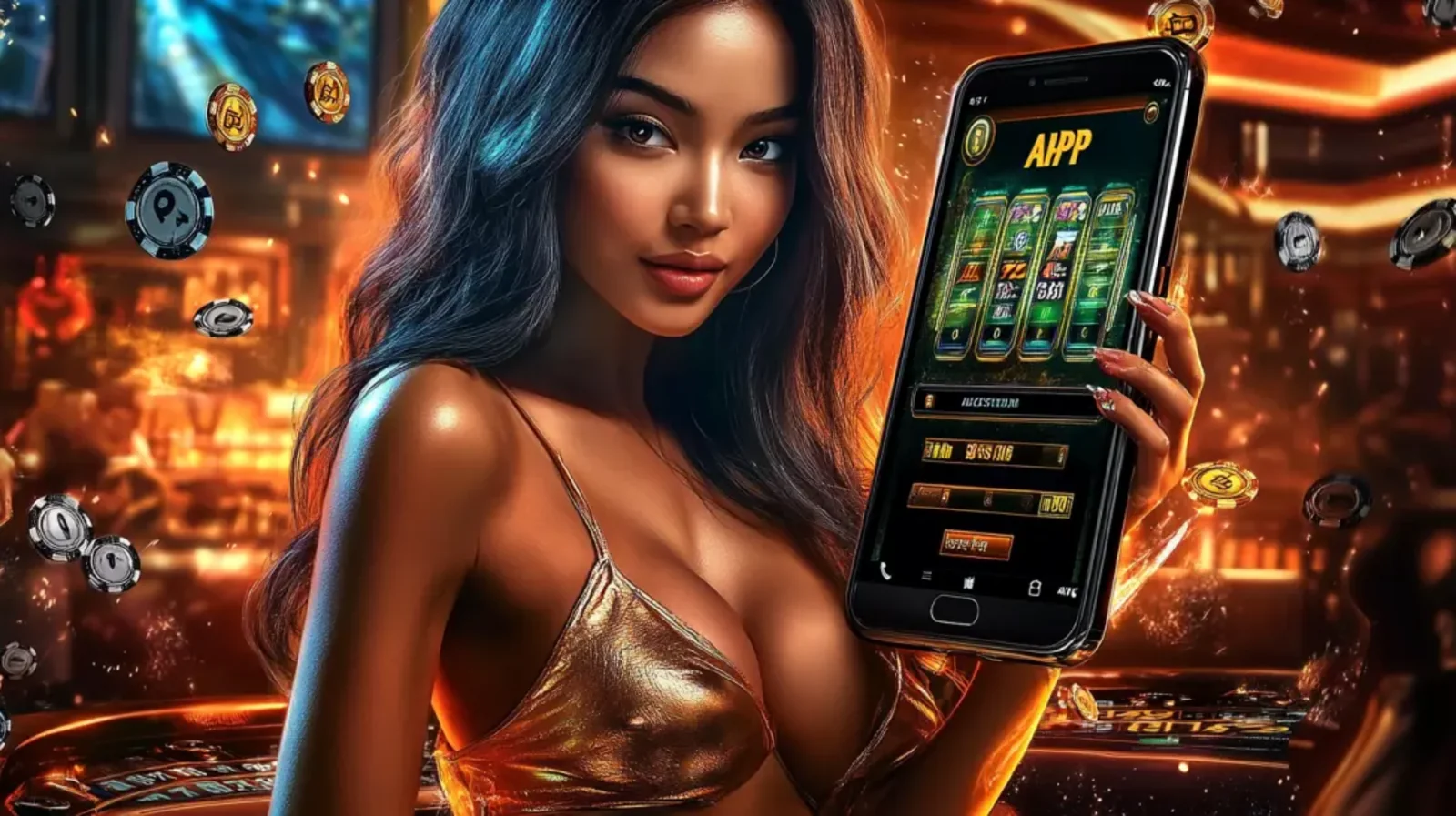 A woman in tactical gear holds a large gun while a smartphone next to her displays an action-themed slot game featuring a similar character, highlighting adventurous mobile games.