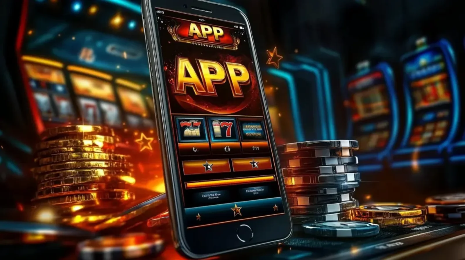 A beautiful woman with pink-highlighted hair holds a phone showing a colorful slot game, with golden coins floating around her in a warmly lit, luxurious environment.