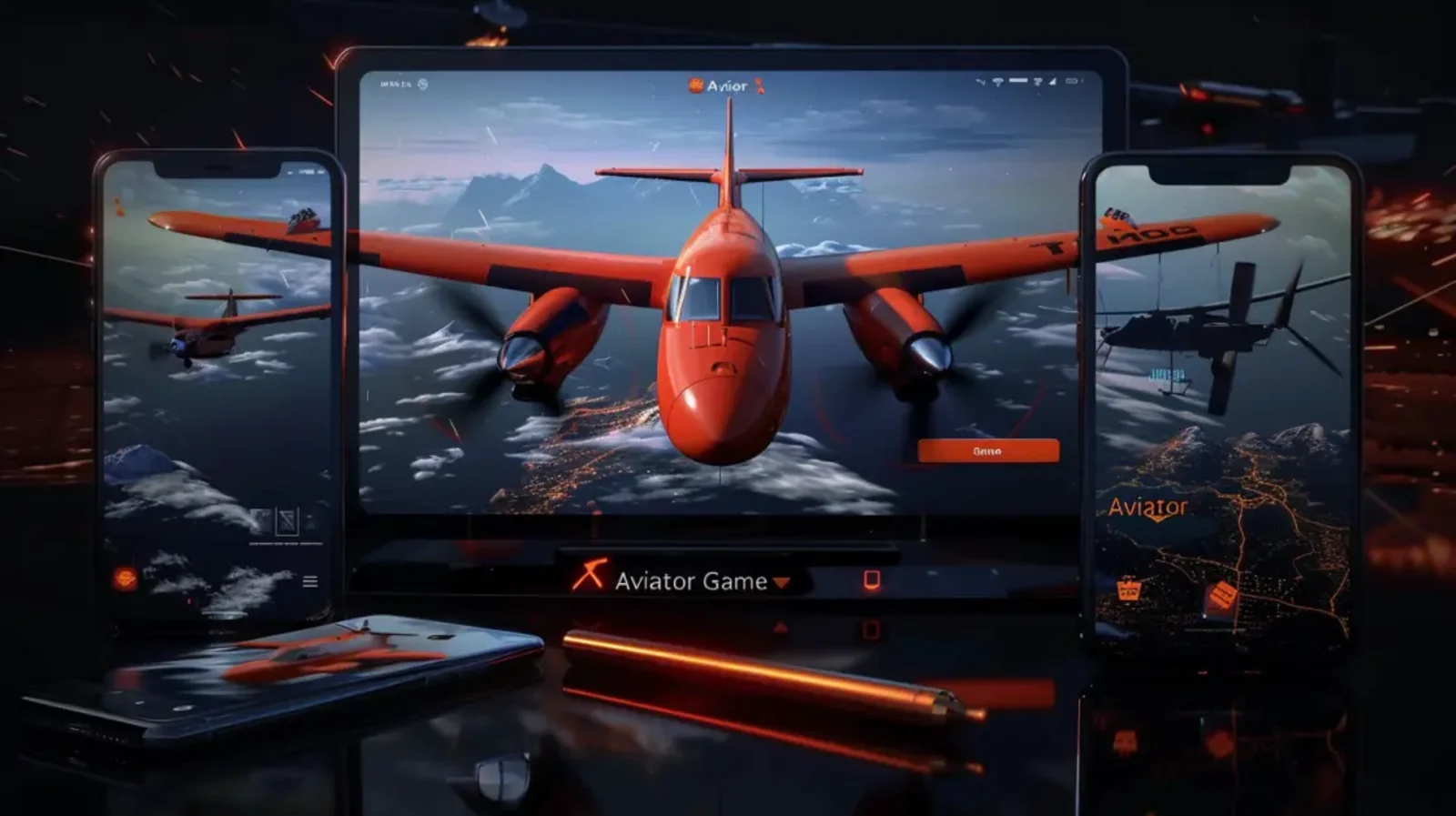 The Aviator crash game on laptop and smartphones showing the red airplane and interface.