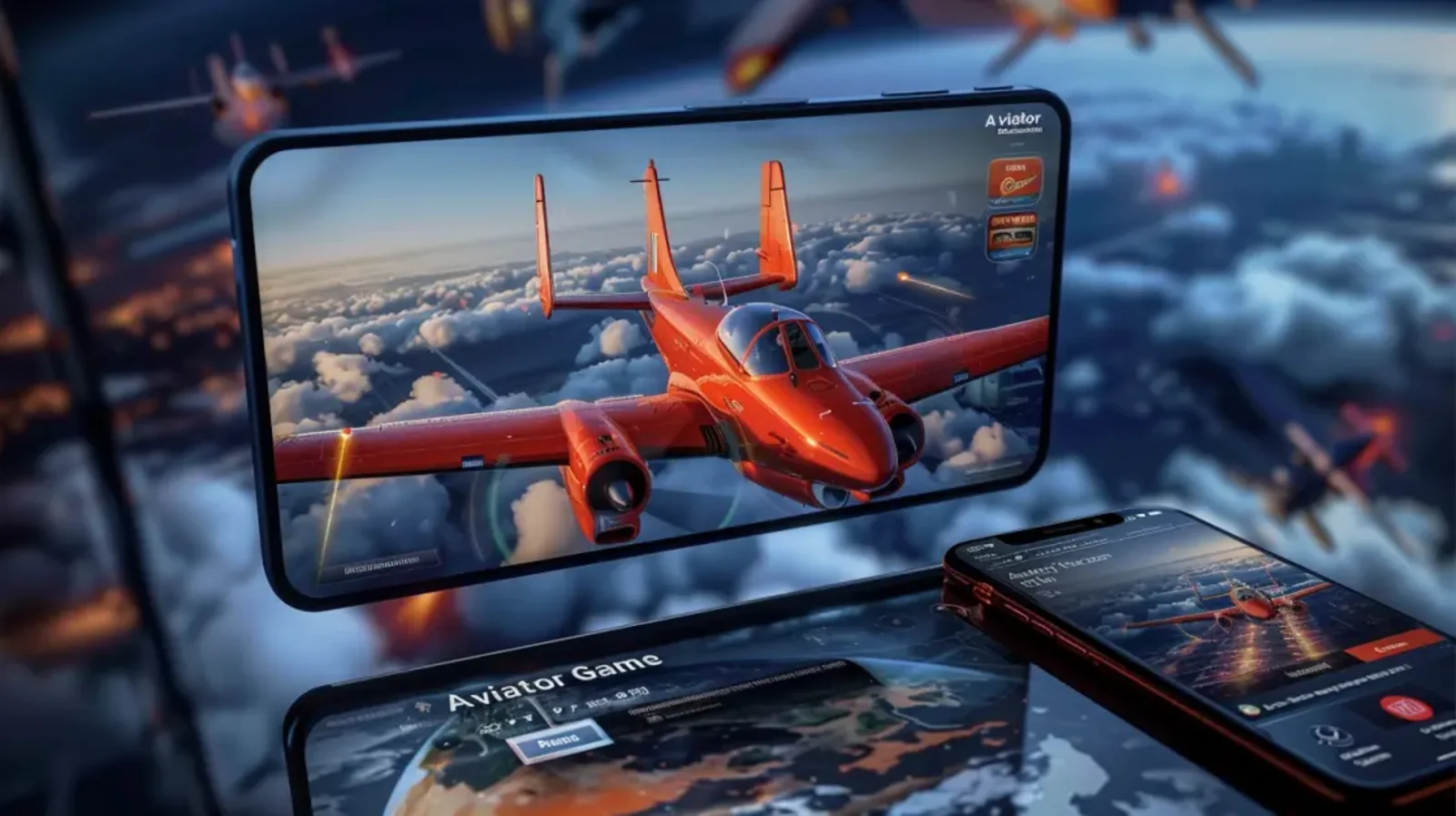 A close-up view of a smartphone screen showing the Aviator game in action, with the red twin-engine airplane flying high above the clouds as the multiplier increases.