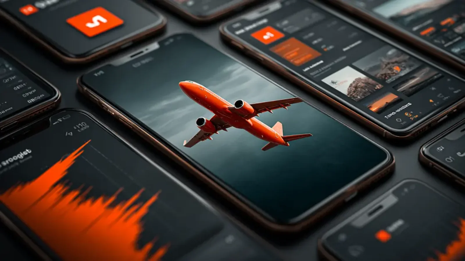 Several smartphones are arranged to show various app interfaces, with one phone in the center prominently displaying a red airplane from the Aviator game.