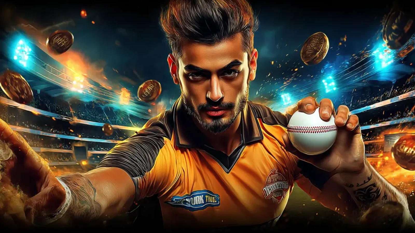 An American football player in a red jersey and helmet shouts in celebration while holding a football, with casino chips floating around him in a brightly lit stadium.