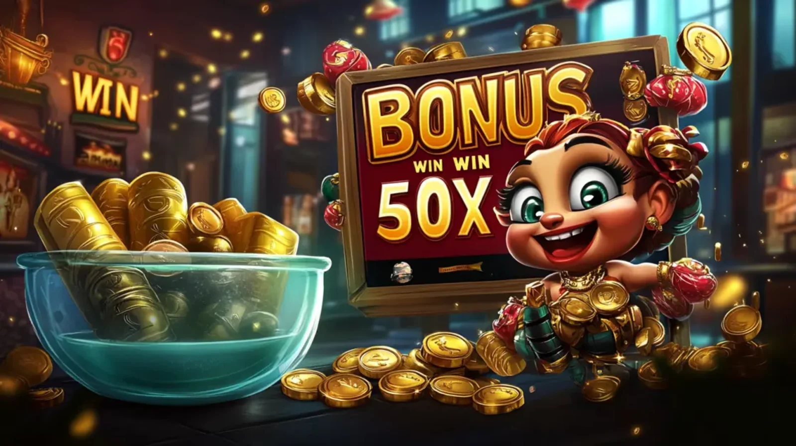 A cheerful cartoon character stands next to a game screen that says BONUS WIN WIN 50X, with a bowl full of gold bars and scattered gold coins creating a fun, rewarding scene.