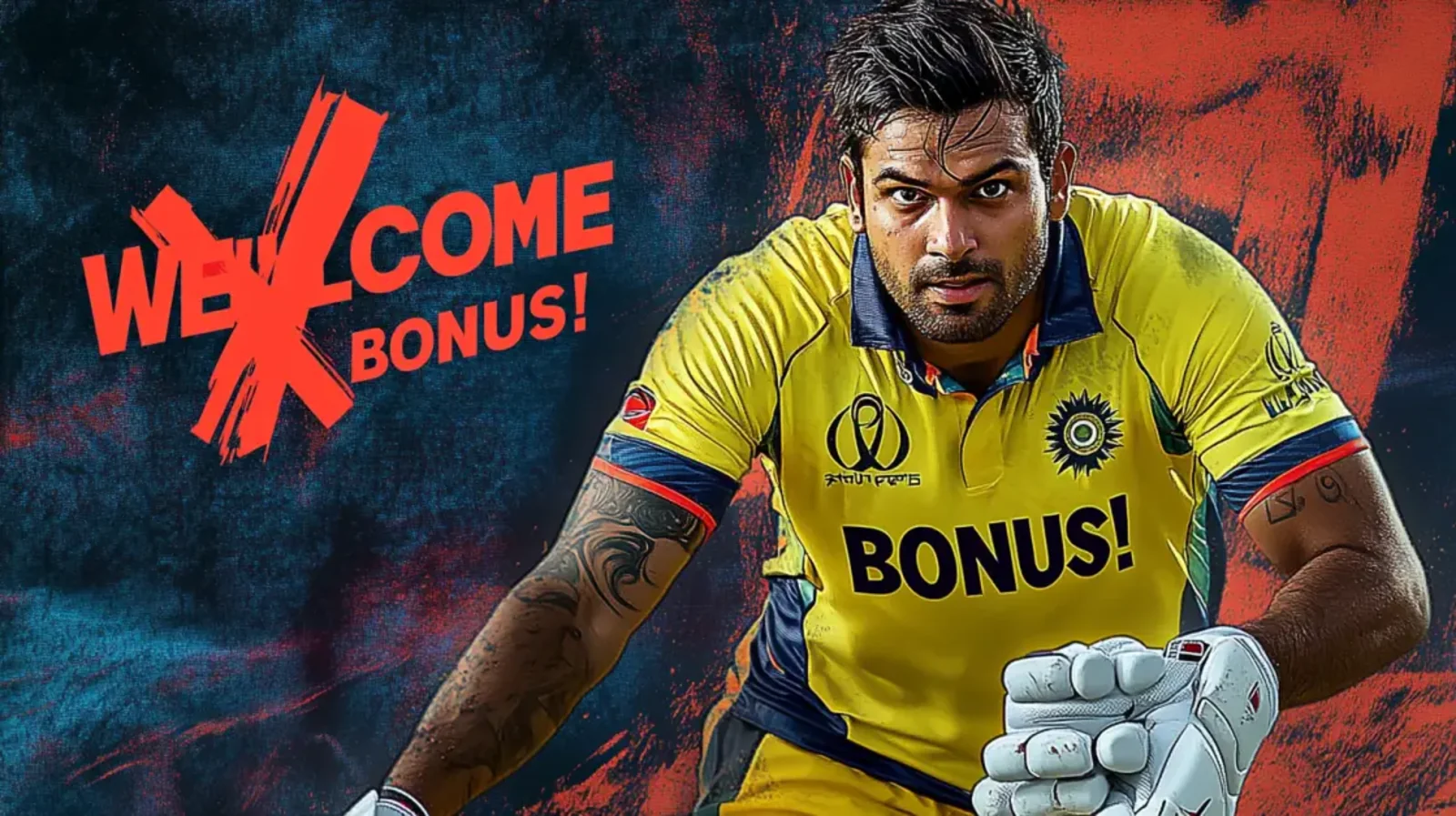 A determined-looking cricket player in a yellow jersey and batting gloves holds his bat, with the text WELCOME BONUS and a red X overlaid on a textured background.