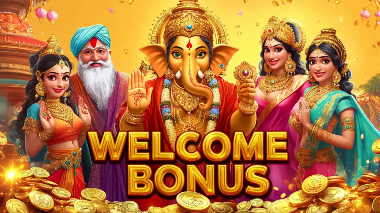 A large WELCOME BONUS text in gold is shown with the Hindu deity Ganesha and other figures in traditional Indian attire, surrounded by piles of golden coins for a festive promotion.