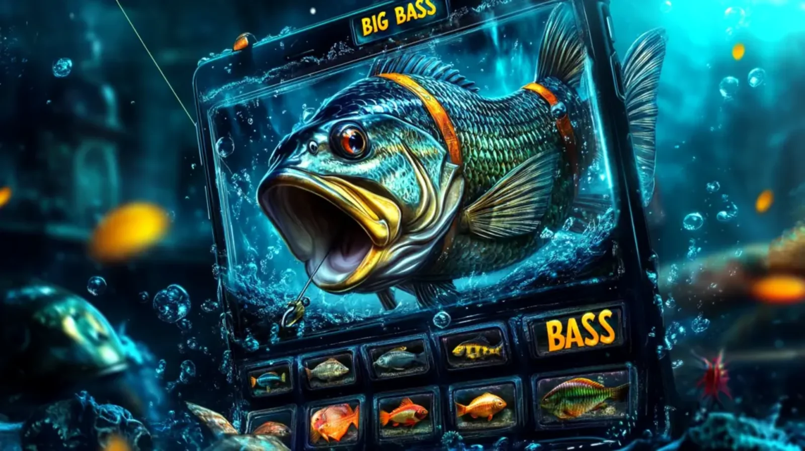 A large bass fish with its mouth open is shown coming out of a smartphone screen, which displays the Big Bass slot game interface in an underwater setting.