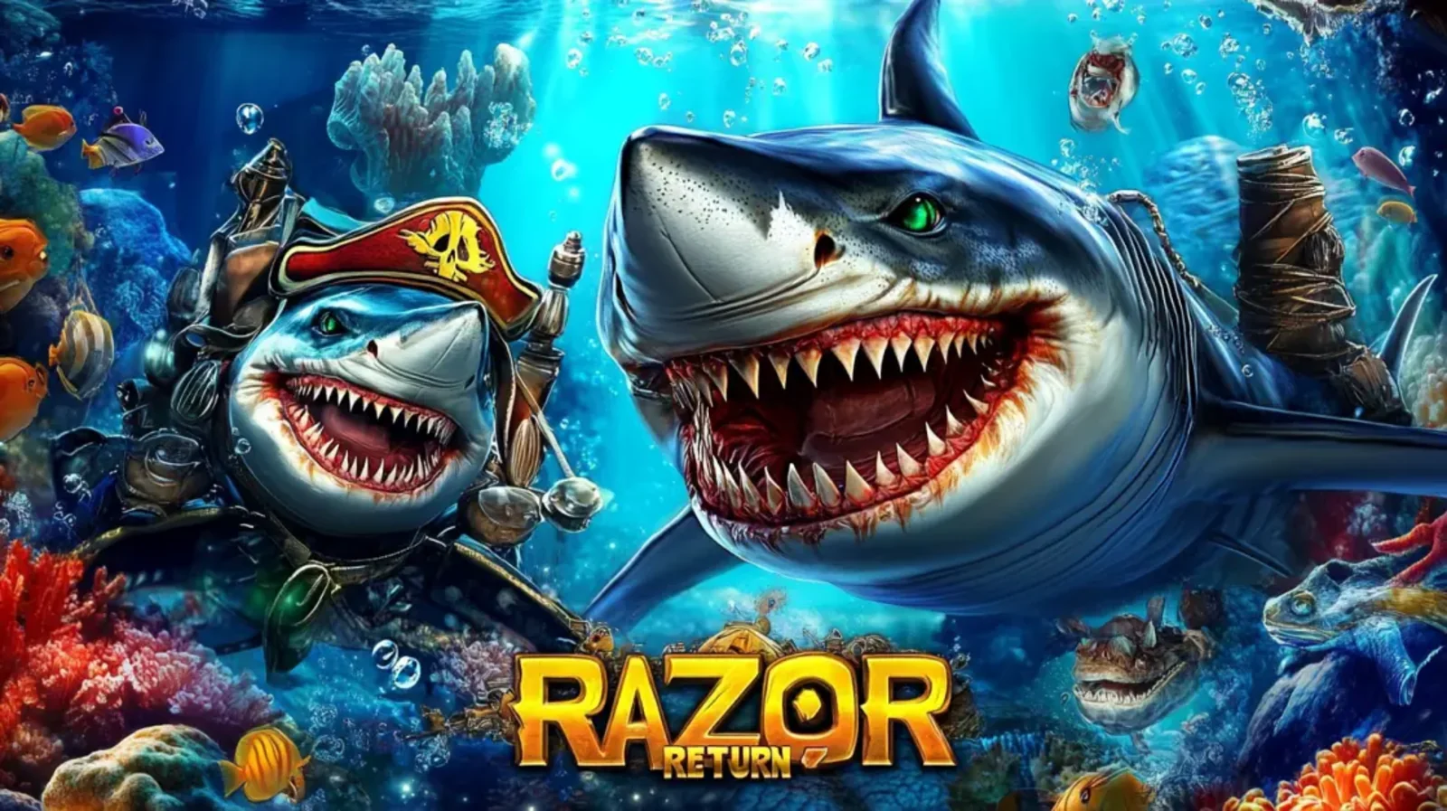 The promotional image for the Razor Return slot, featuring two menacing sharks with sharp teeth underwater, one of them wearing a pirate hat, in a vibrant coral reef.