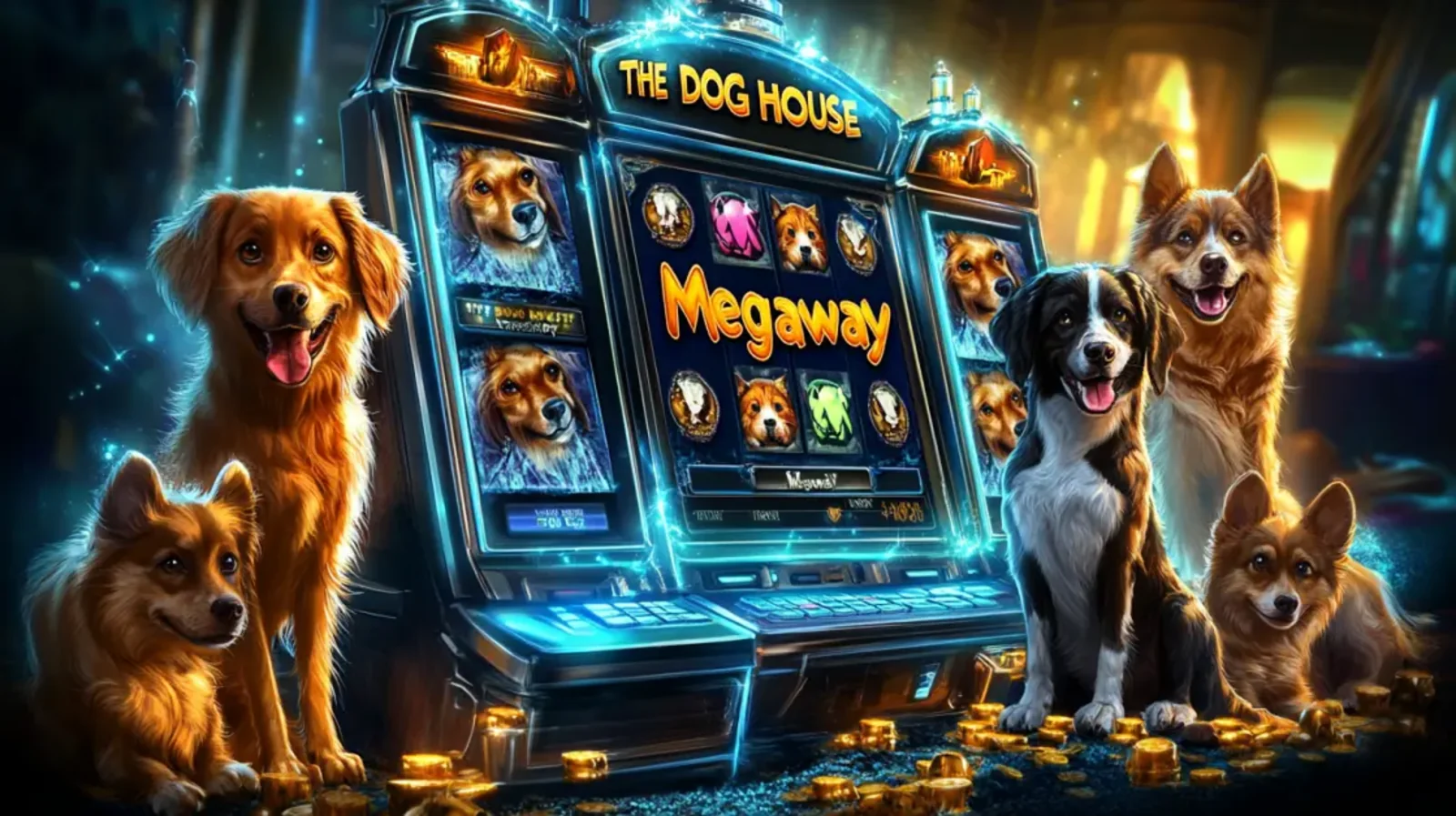 The promotional image for The Dog House Megaways slot game, showing a large, glowing slot machine surrounded by a group of happy, adorable dogs on a pile of gold coins.