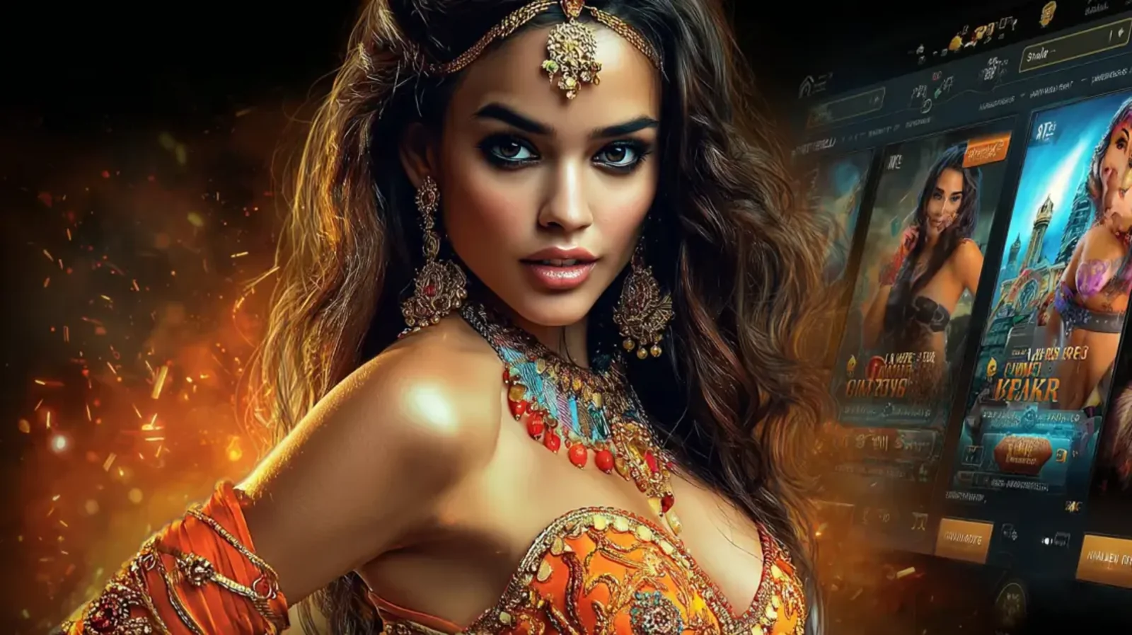 A stylish woman with dark hair holds a smartphone showing a sports betting application in front of a massive stadium illuminated with blue lights, showcasing mobile gaming.