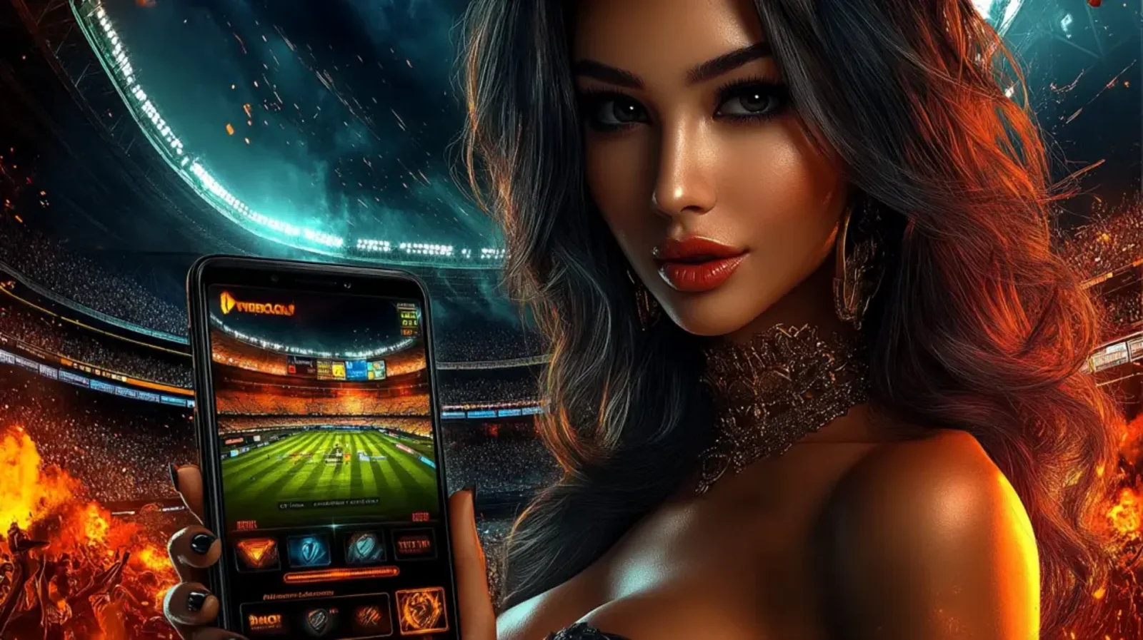 A glamorous woman holds a smartphone displaying a football game, with a crowded stadium and dramatic fiery lights in the background, promoting an exciting gaming experience.