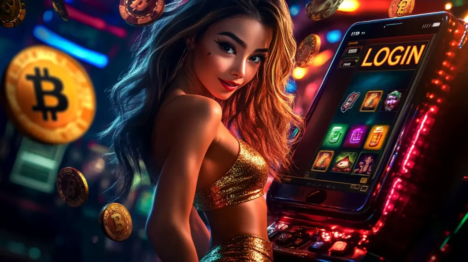 A woman in a gold sequin top stands next to a large smartphone showing a casino slot game and a prominent LOGIN button, with floating bitcoin symbols in a neon-lit setting.