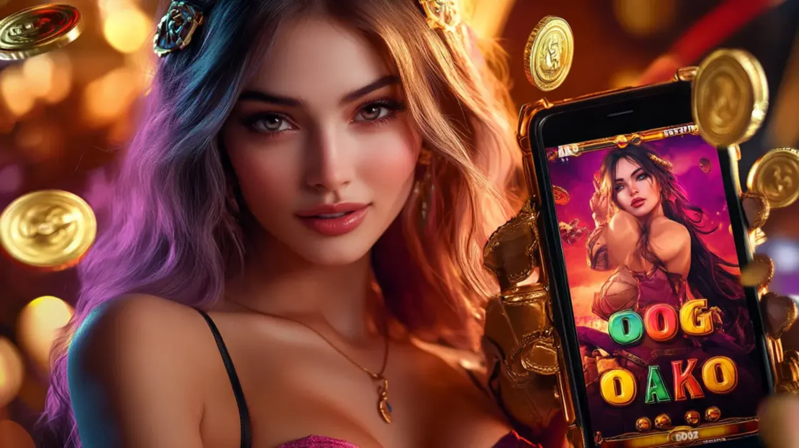 An elegant woman in a golden dress holds a smartphone displaying a casino app interface, inviting users to download the app and register for an account in a luxurious casino setting.