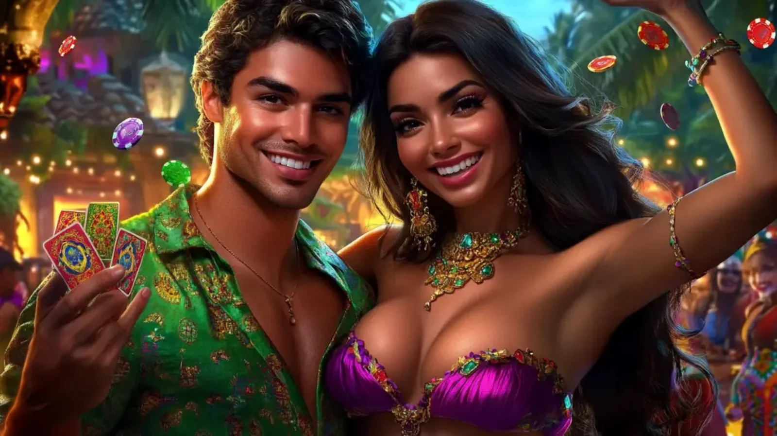 A happy, attractive couple enjoys a game of cards in a vibrant, tropical-themed casino setting, showcasing the social and fun side of live dealer games.