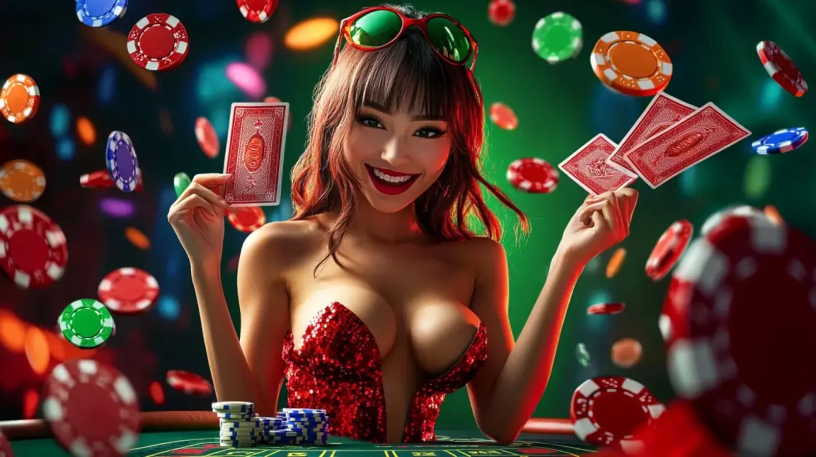 A smiling woman in a sparkling red dress holds playing cards at a green poker table, surrounded by flying poker chips and a festive, colorful background.
