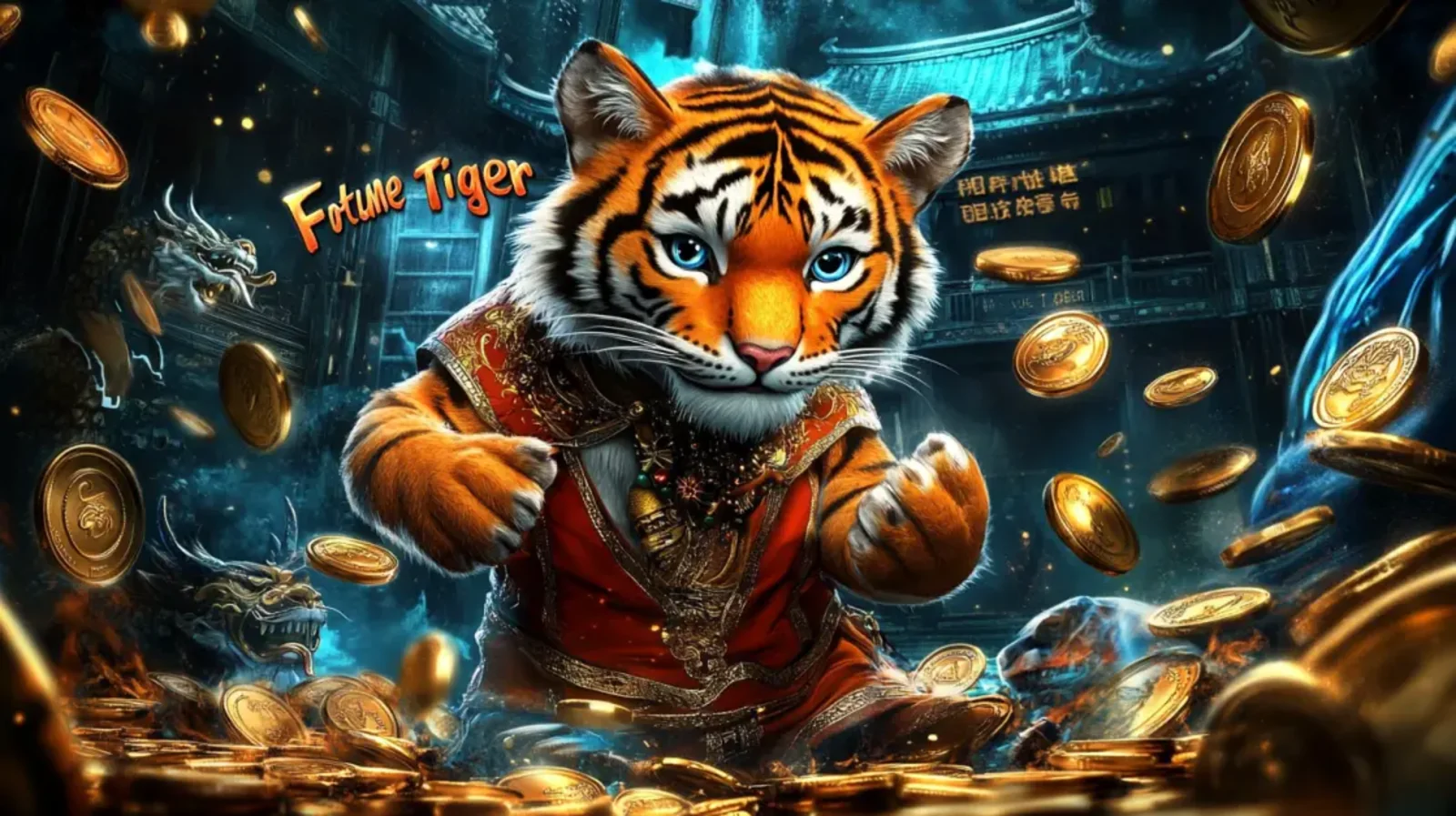 The promotional image for the Fortune Tiger game, featuring a cute tiger cub dressed in ornate red and gold clothing sitting amidst a huge pile of sparkling gold coins.