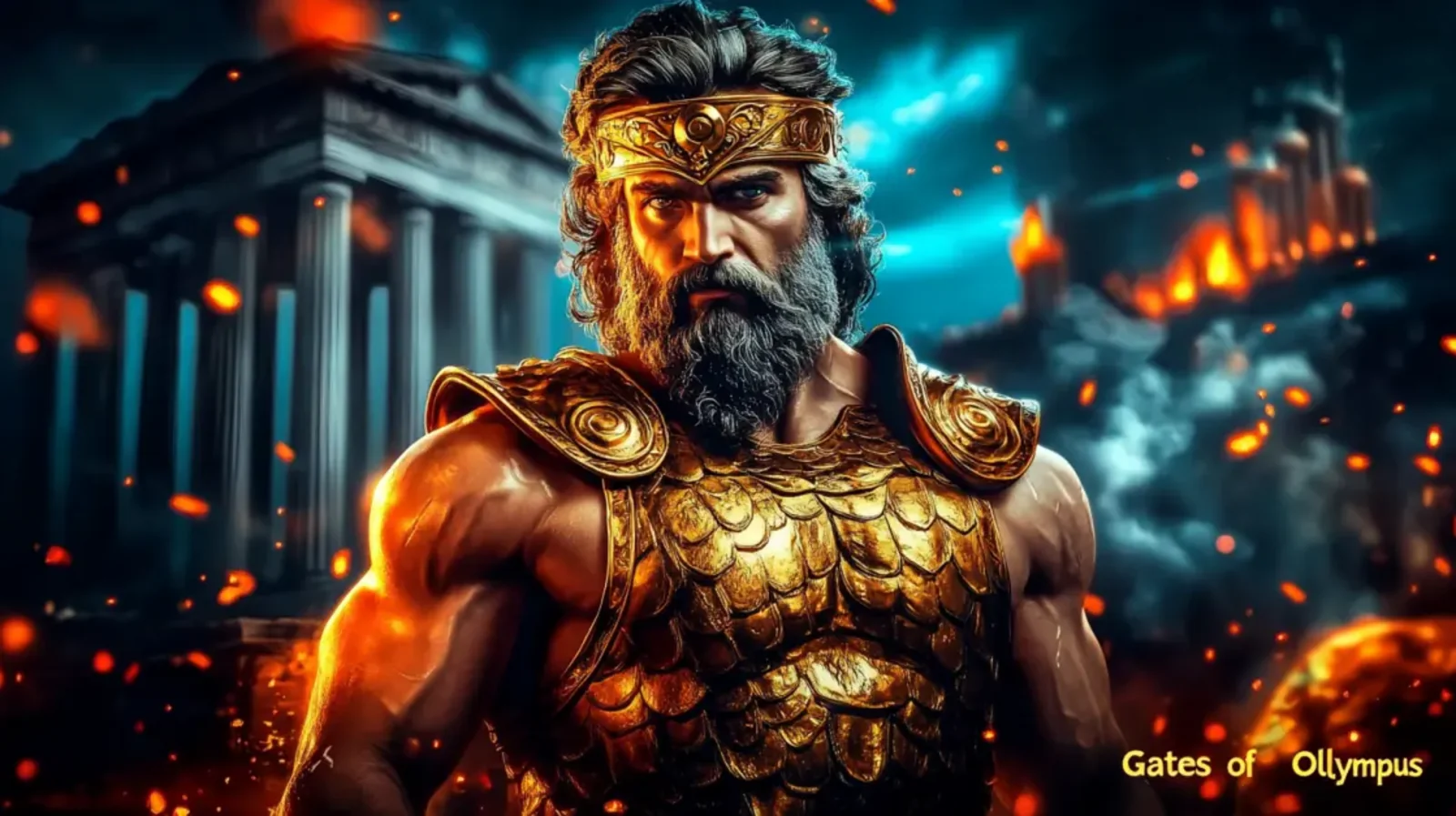 The main character from the Gates of Olympus game, a powerful god with a beard and golden armor, stands before ancient Greek temples with a fiery, epic background.