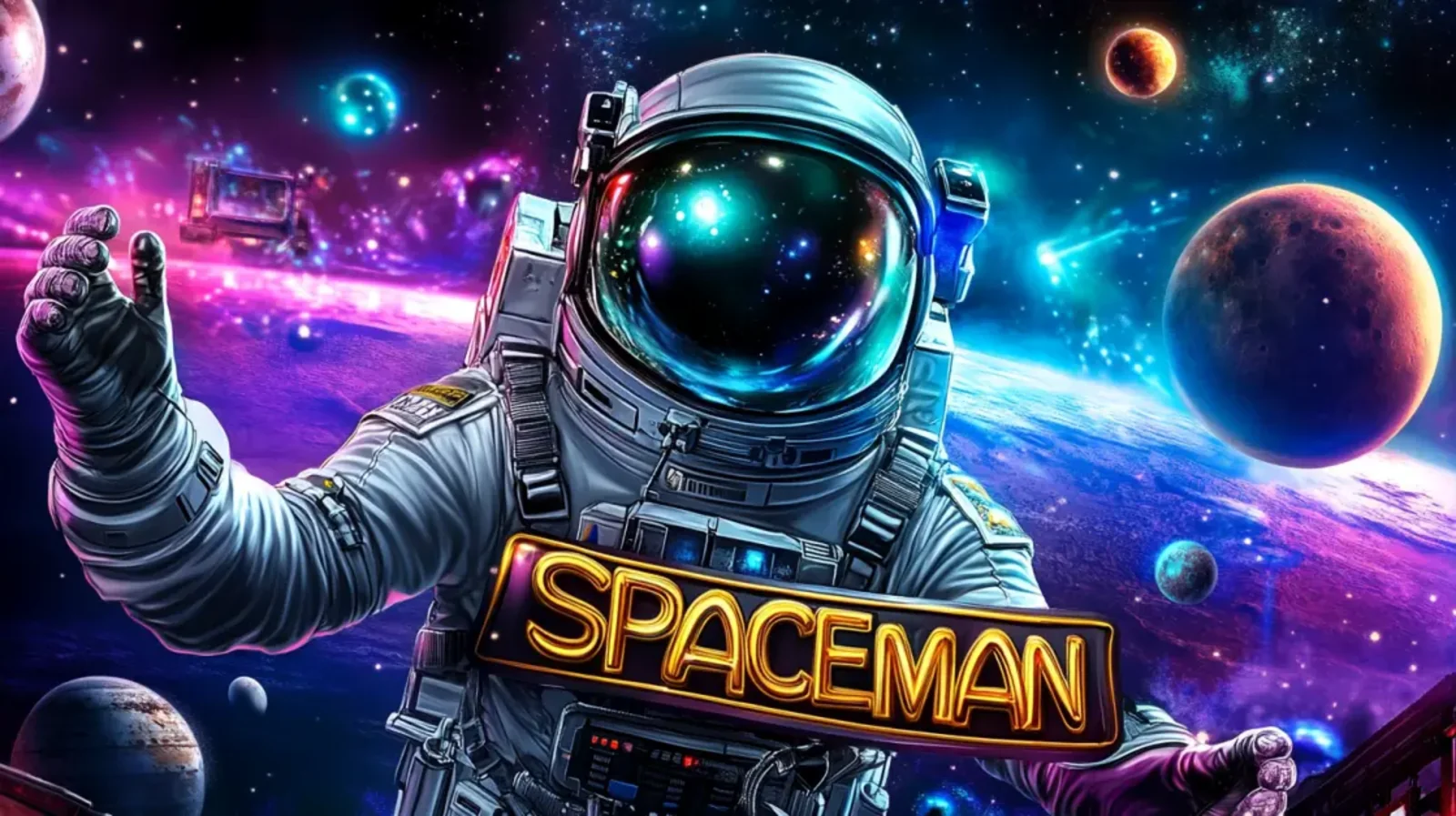 An astronaut floats in a vibrant galaxy filled with planets and stars, with the game title SPACEMAN displayed prominently, representing a popular crash game.